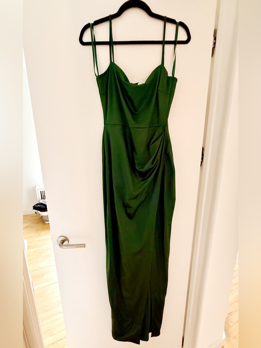 Windsor Forest/Hunter Green Satin Slip Maxi Dress with Side Slit - Mayra Dress - Picture 3 of 7